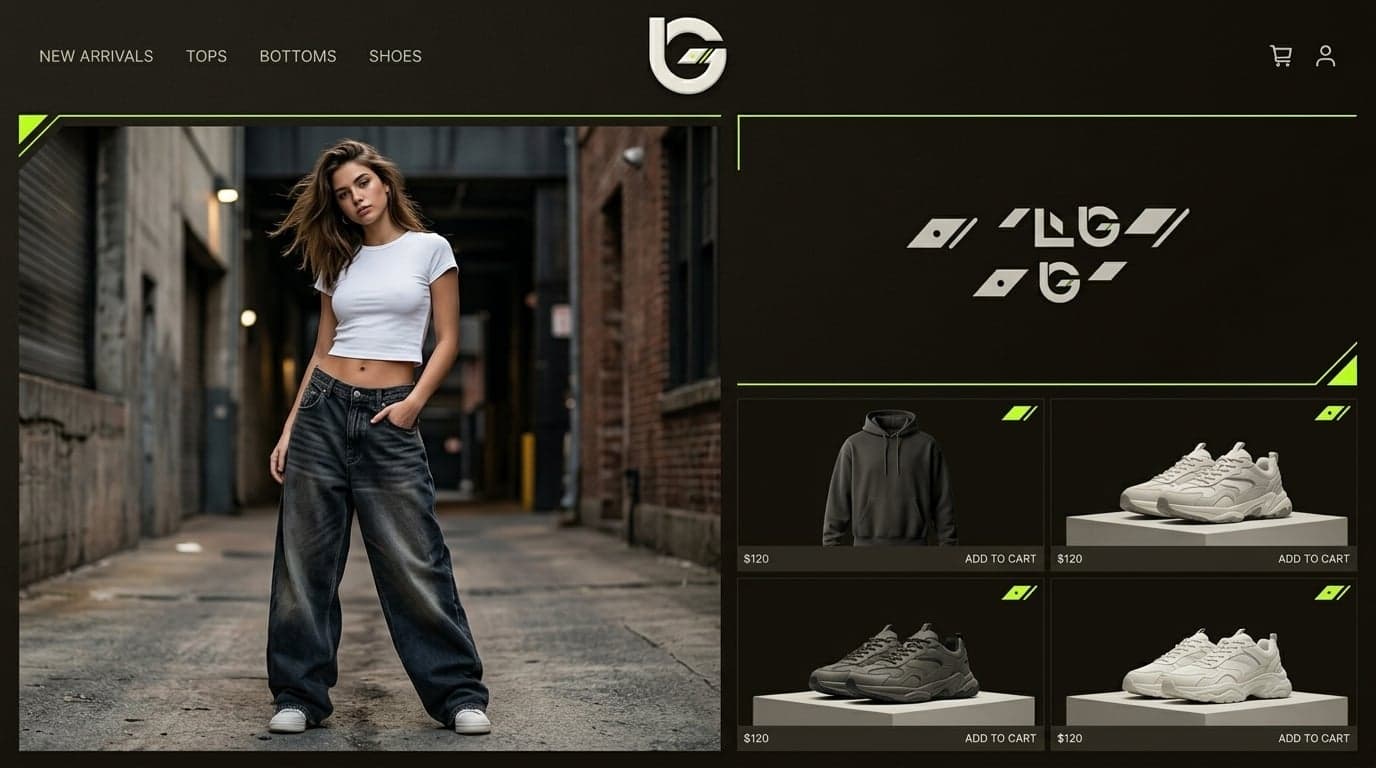 GLOSS theme home page: navigation with New Arrivals, Tops, Bottoms and Shoes, a full-bleed editorial hero, and a four-up product grid with prices and Add to cart buttons